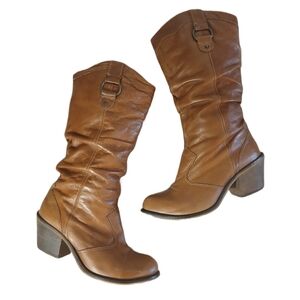 Steve Madden Tan Brown Leather Cowgirl Boots Size 7.5 Mid-Calf Block Heel Boots